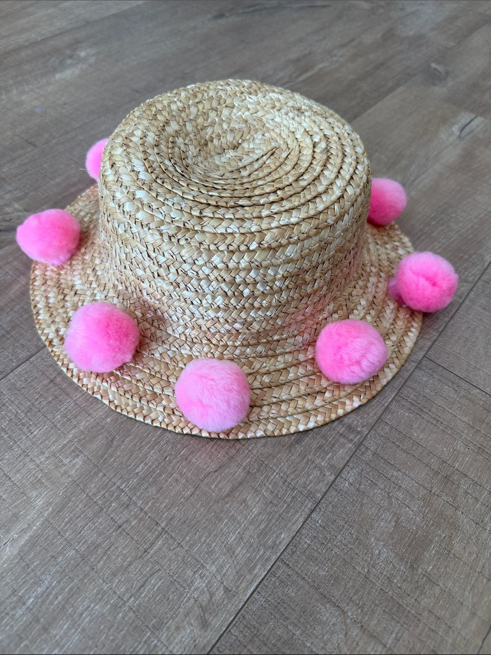 Kids Natural Straw Hat with Pink Pom-Poms